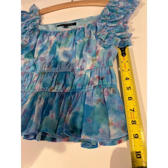 French Connection XS Ruffled Sleeveless Watercolor Peplum Top Blue & Pink - Picture 9 of 9